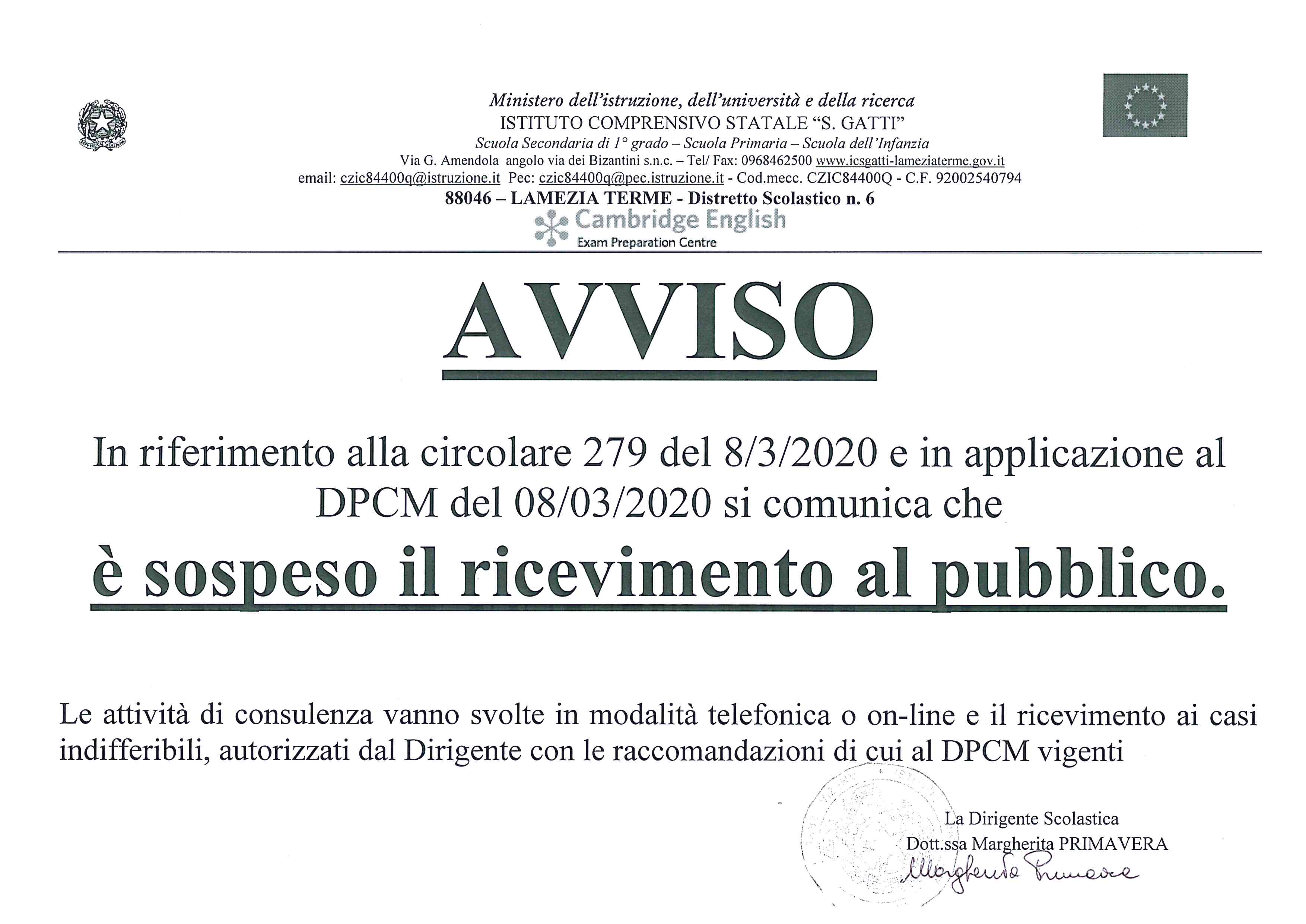 AVVISO RICEVIMENTO 9 MARZO