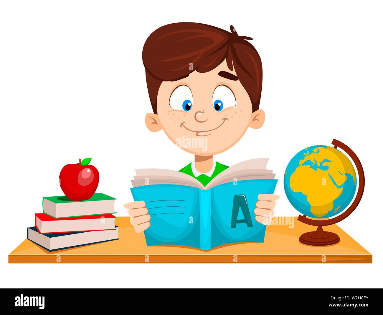 si torna a scuola carino ragazzo seduto al tavolo e la lettura del libro di abc divertente personaggio dei fumetti illustrazione vettoriale w2hc